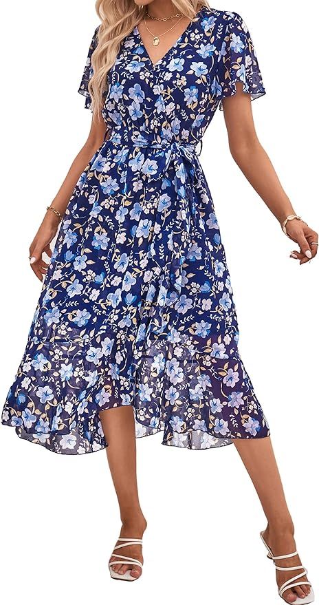 PRETTYGARDEN Women's 2024 Floral Boho Dress Wrap V Neck Short Sleeve Belted Ruffle Hem A-Line Flo... | Amazon (US)