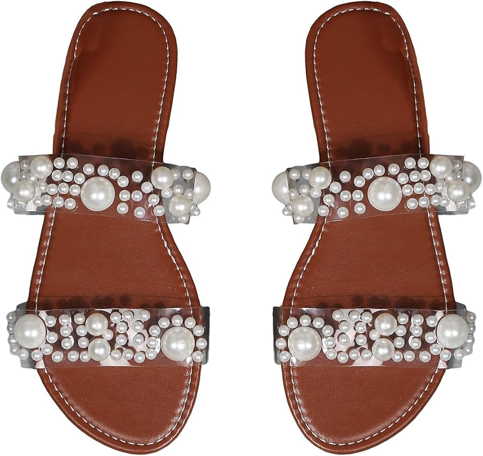 OYOANGLE Women's Pearl Decor Clear Double Strap Open Toe Slide Sandals Dressy Summer Slip on Flat... | Amazon (US)