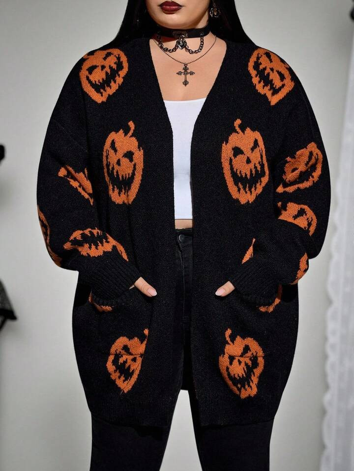 SHEIN CURVE+ Plus Size Women Halloween Pumpkin Print Cardigan With Pockets In Fall/Winter | SHEIN