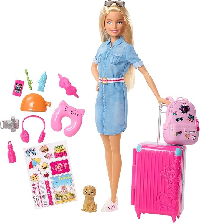 ​Barbie Travel Doll, Blonde, with Puppy, Opening Suitcase, Stickers and 10+ Accessories, for 3 ... | Amazon (US)