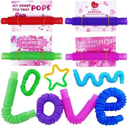 Valentines for Kids - 28 Pcs Pop Tubes Fidget Toys Pack with Valentines Day Cards for Kids, Party Fa | Amazon (US)