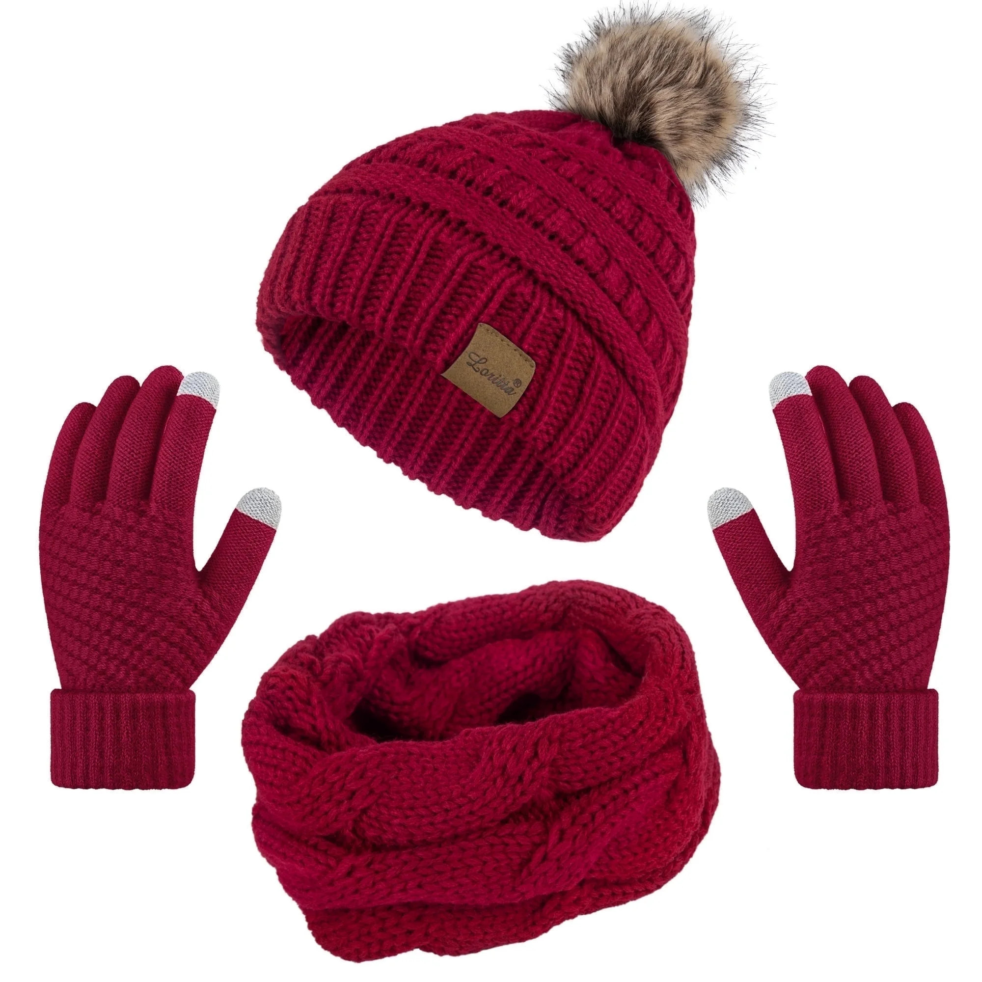 Loritta 3 Pcs Women Winter Hat and Gloves Sets, Knit Classic Long Scarf Warmer Accessories Red | Walmart (US)