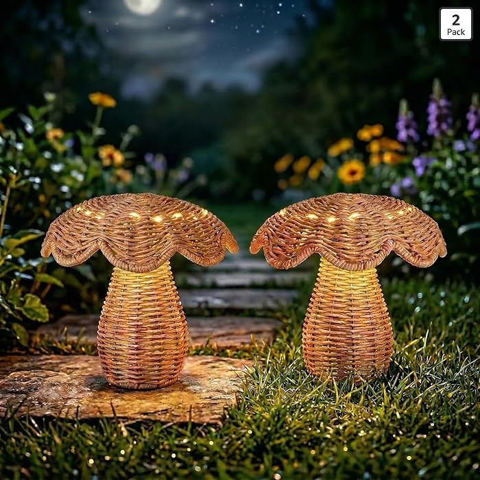 2 Pack Solar Mushroom Rattan Lanterns, 9\u2019\u2019 Handmade Wicker Lamp Mushroom Lights for Ind... | Amazon (US)