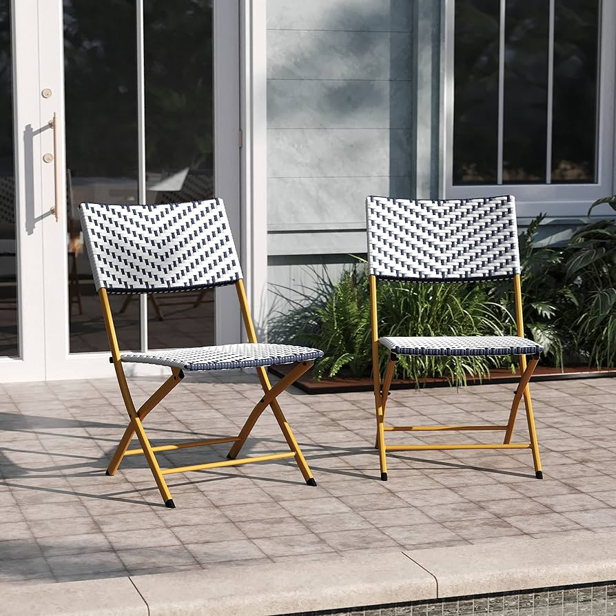 EMMA + OLIVER Ciel Two Piece Folding Bistro Chairs - Navy and White PE Rattan - Natural Finish Me... | Amazon (US)