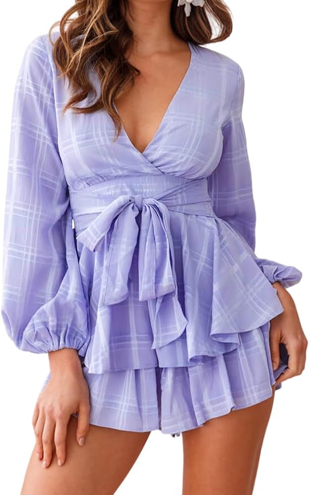 Relipop Women's Jumpsuit Floral Print V Neck Baggy Sleeve Waist Tie Double Layer Ruffle Hem Short Mi | Amazon (US)