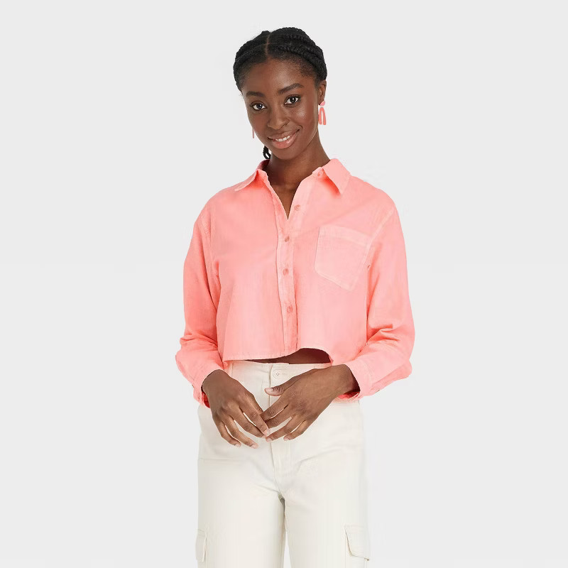 Women's Long Sleeve Button-Down Cropped Shirt - Universal Thread™ | Target