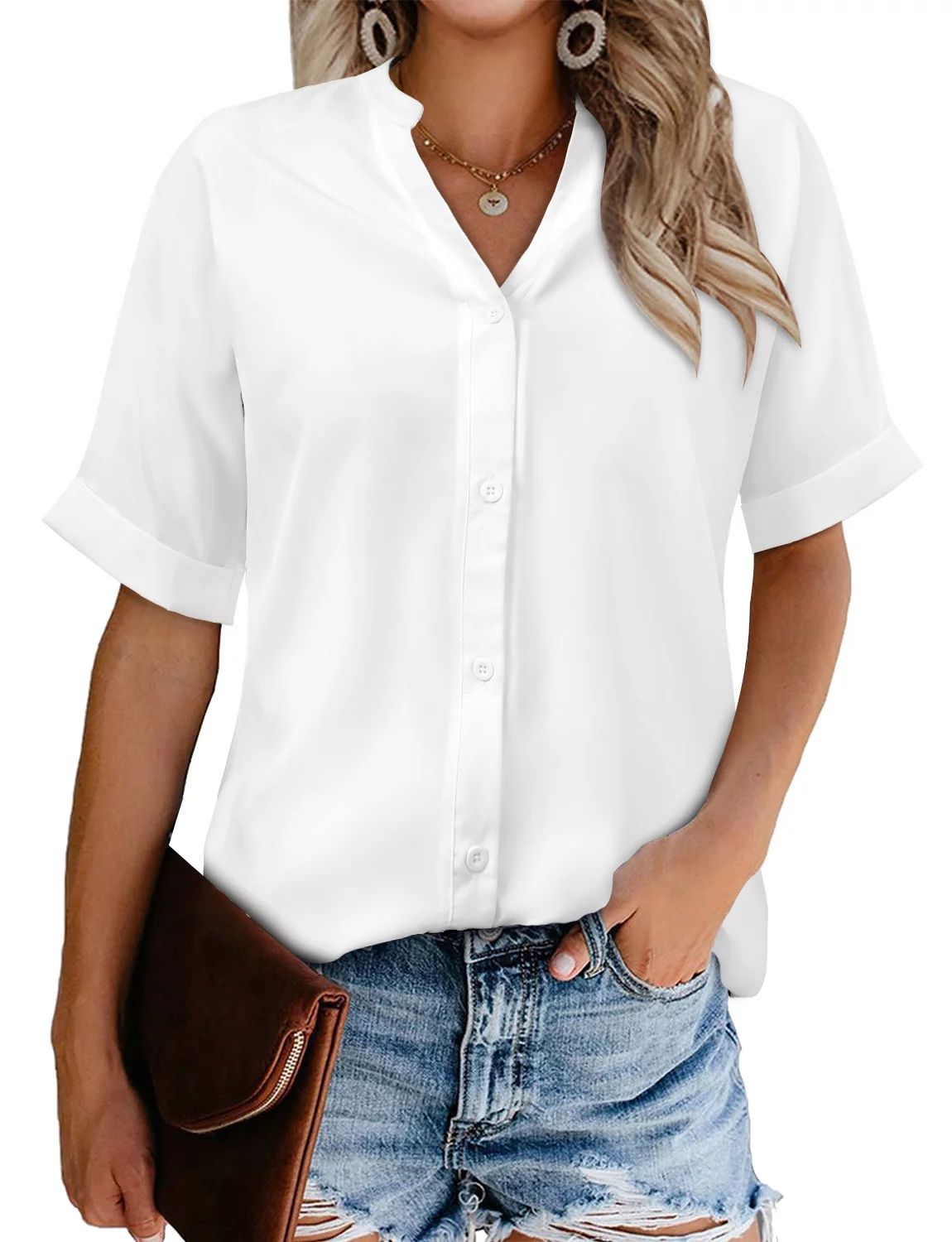 ONLYSHE Summer Button Down Shirt For Women Casual Loose Tops Blouse Roll Up Cuffed Sleeve Shirts ... | Walmart (US)