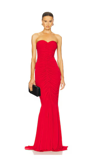 x REVOLVE Strapless Shirred Front Fishtail Gown in Tiger Red | Revolve Clothing (Global)