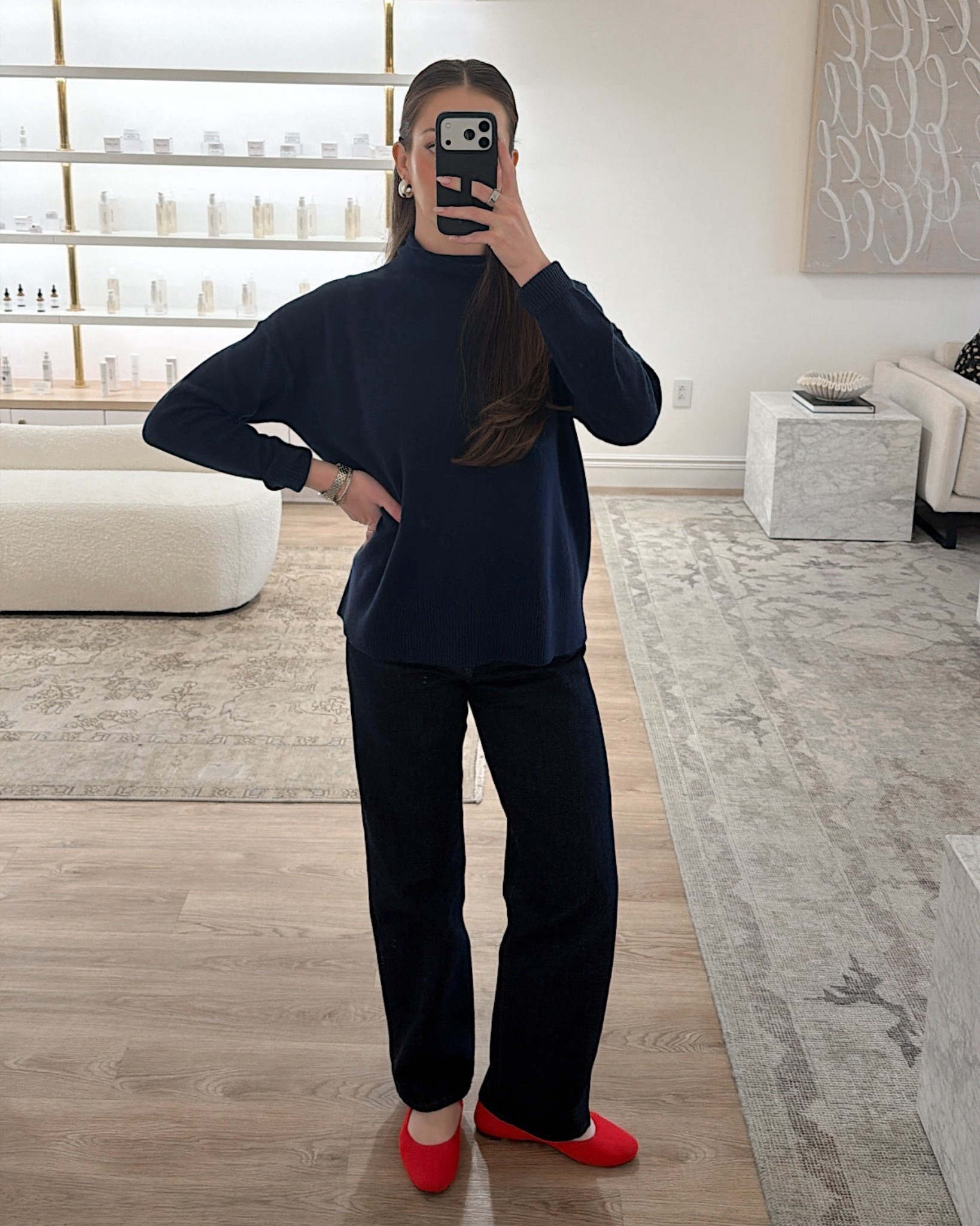 Work outfit / casual outfit / monochrome outfit 

Rothy’s Mary Jane’s - a staple red ballet flat! Runs true to size 

Nordstrom cashmere sweater on sale! Wearing a small 

Uniqlo jeans- size down!!! 

#LTKSaleAlert #LTKWorkwear #LTKFindsUnder100