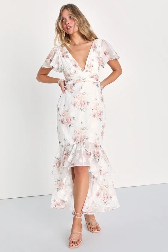 Passionate Ease White Floral Jacquard Tiered High-Low Dress | Lulus (US)