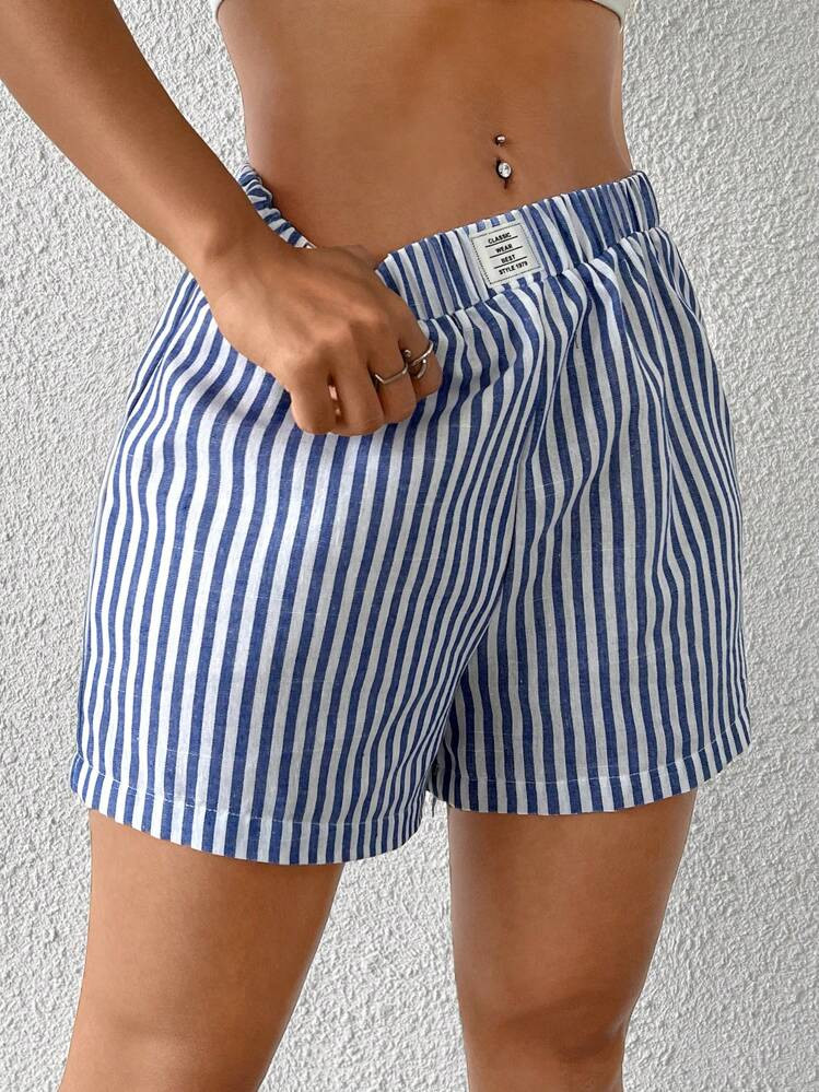 SHEIN EZwear Blue Striped Woven Women Shorts | SHEIN