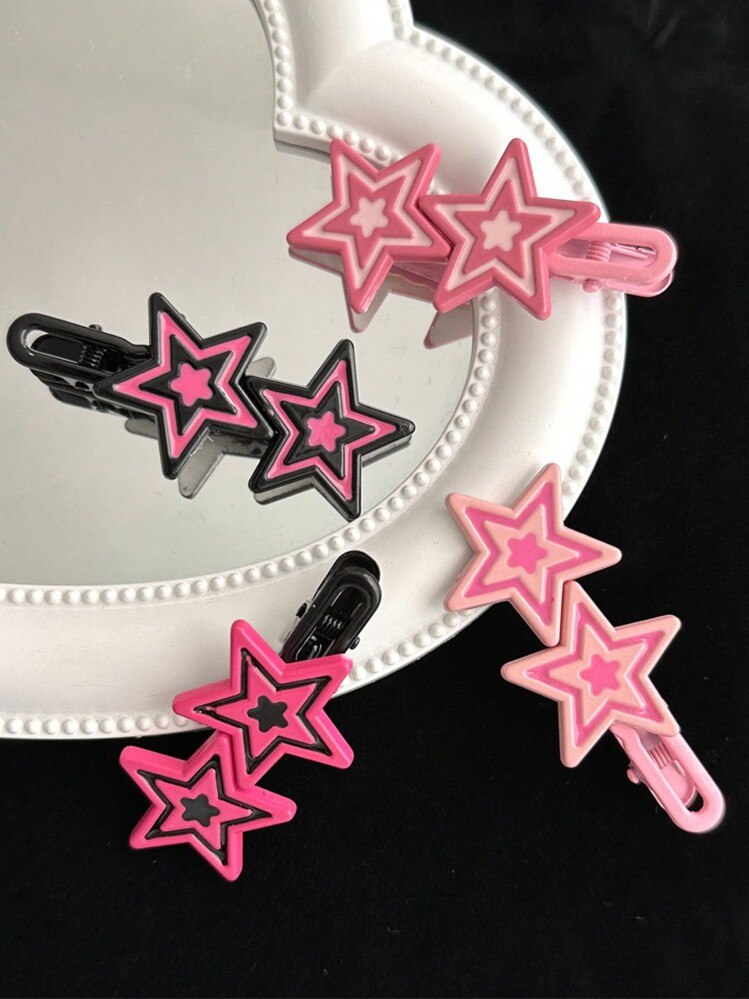 4pcs Sweet & Cool Pink Star Hair Clips For Women, Y2K Vintage Fashion Alligator Hair Clips, Suitable For Daily Use Claw Clips Hair Claws Hair Barrettes, School Stuff, Pink Hair Clips | SHEIN