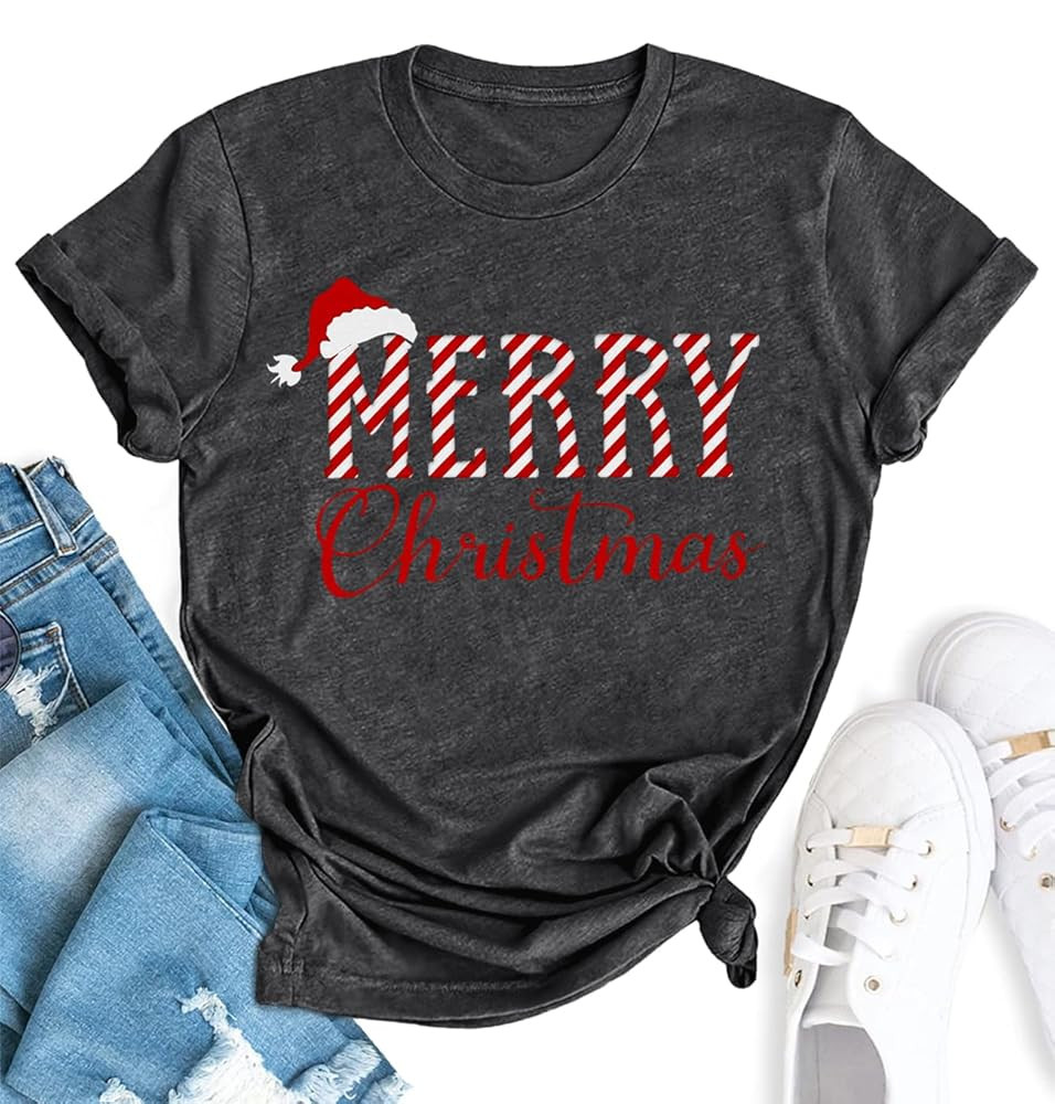 Christmas Shirts for Women Santa Holiday Short Sleeve Tops Xmas Graphic Print T Shirt | Amazon (US)