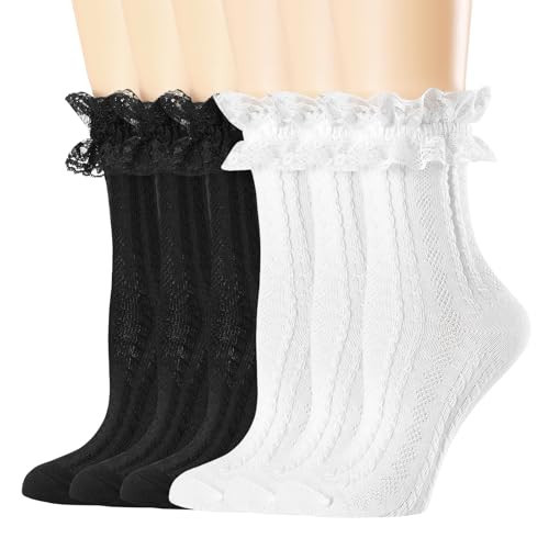 BIVOLU Womens Crew Socks Lace Ruffle Frilly Cotton Cute Princess Ankle Dress Lace Socks for Girl 6 Pack | Amazon (US)
