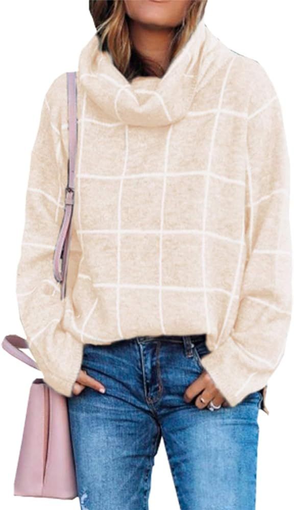 KIRUNDO Winter Women’s Turtleneck Knit Sweater Long Sleeves Pullover Plaid Side Split Checked Outwea | Amazon (US)
