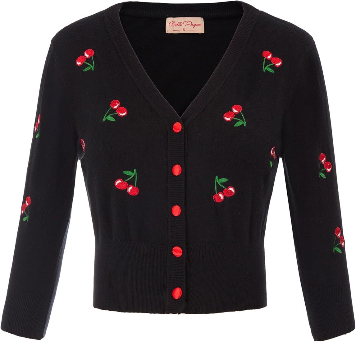 Belle Poque Women's 3/4 Sleeve V-Neck Button Down Cherries Embroidery Cropped Cardigan Sweater Co... | Amazon (US)