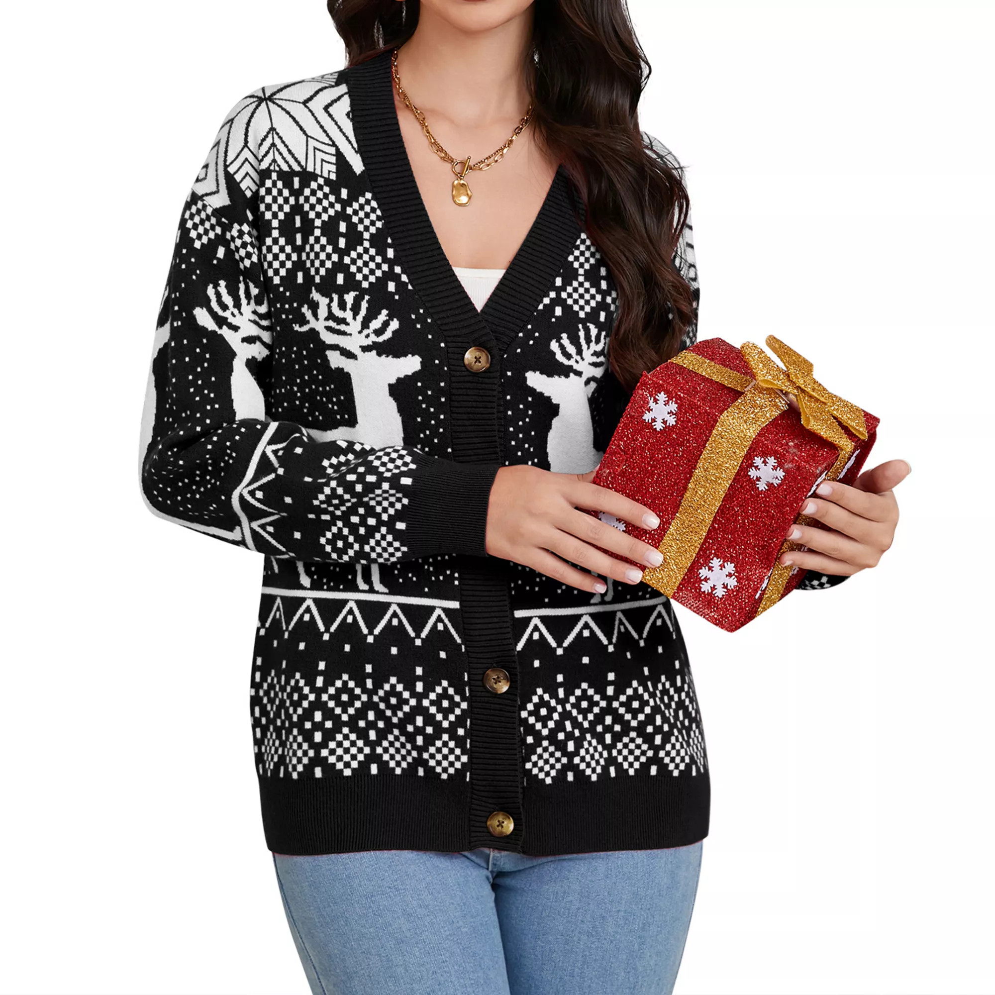 Women's Ugly Christmas Cardigans Sweaters Ribbed Kint Open Front Long Sleeve Button Down Cardigan | Kohl's