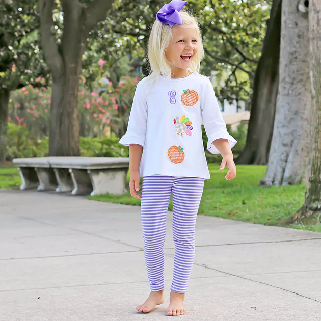 Purple Stripe Turkey And Pumpkin Applique Milly Pant Set | Classic Whimsy
