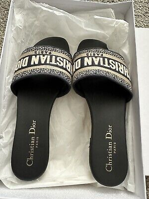 CHRISTIAN DIOR DWAY DEEP BLUE EMBROIDERED COTTON SLIDES SANDALS 35.5 W/Box  | eBay | eBay US