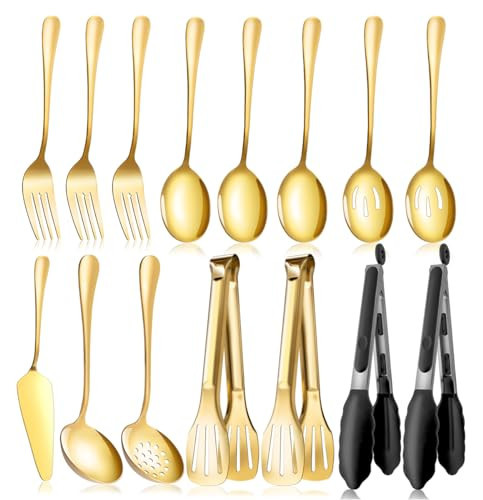 Gold Serving Utensils Set for Partie, Stainless Steel Metal Large Serving Spoons, Slotted Spoons, Forks, Tongs, Soup Spoons, Skimmer Spoon, Cake Server for Buffet, Catering, Entertaining 15pcs | Amazon (US)