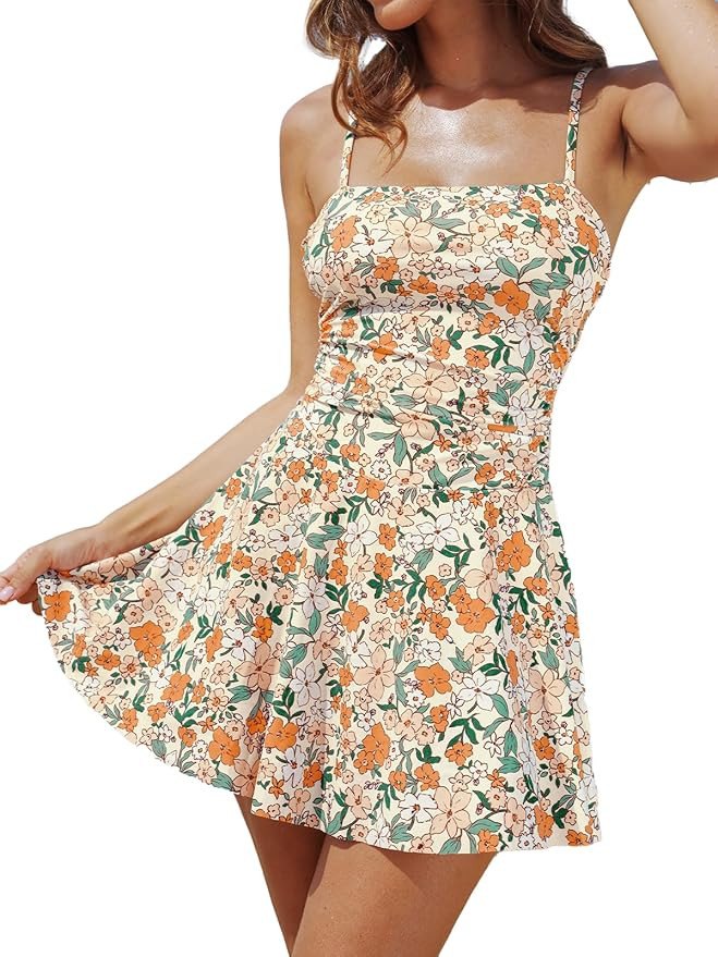 CUPSHE Women's One Piece Swimsuit Swim Dress Square Neck Ruched Spaghetti Adjustable Straps Bathi... | Amazon (US)