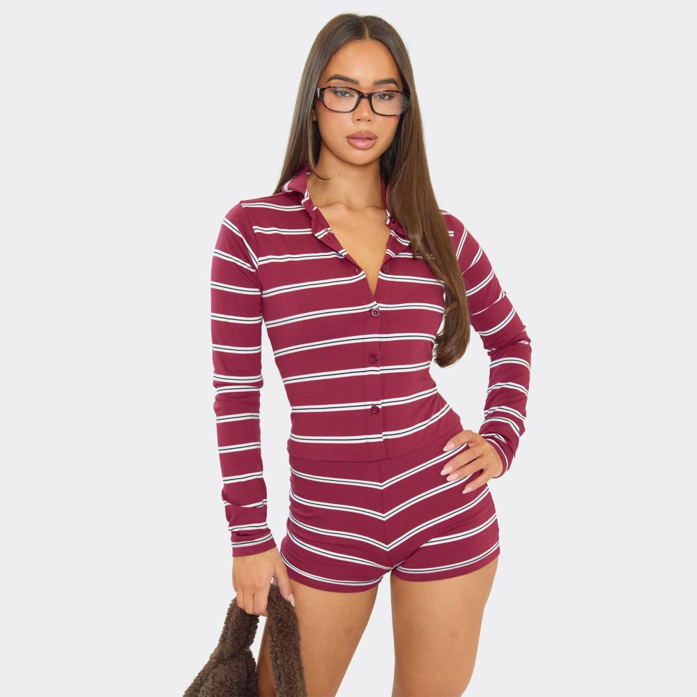 Long Sleeve Collar Button Down Playsuit In Burgundy Stripe | EGO (UK)
