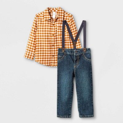 Toddler Boys' 3pc Long Sleeve Gingham Button-Down Shirt & Denim Suspender Pants Set - Just One Yo... | Target