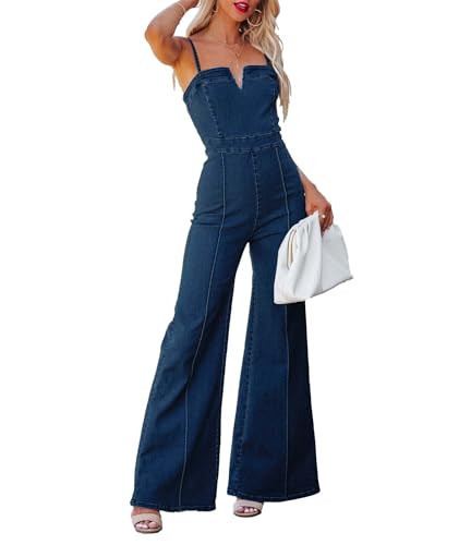 Sexyshine Women's Denim Jumpsuit Spaghetti Straps Sleeveless V Neck Wide Leg Flared Full Length Jeans Rompers Overalls(26649ZQ,2XL) | Amazon (US)