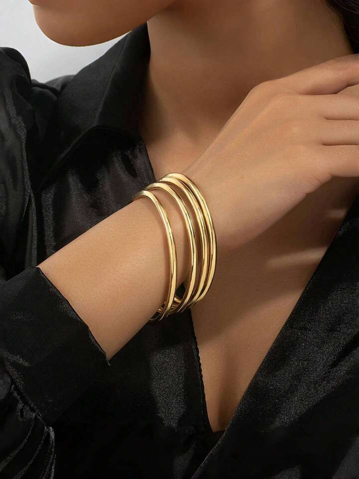 1-4pcs Minimalist K Gold Metal Bangle Bracelet Set For Women, Stackable Everyday & Special Occasi... | SHEIN