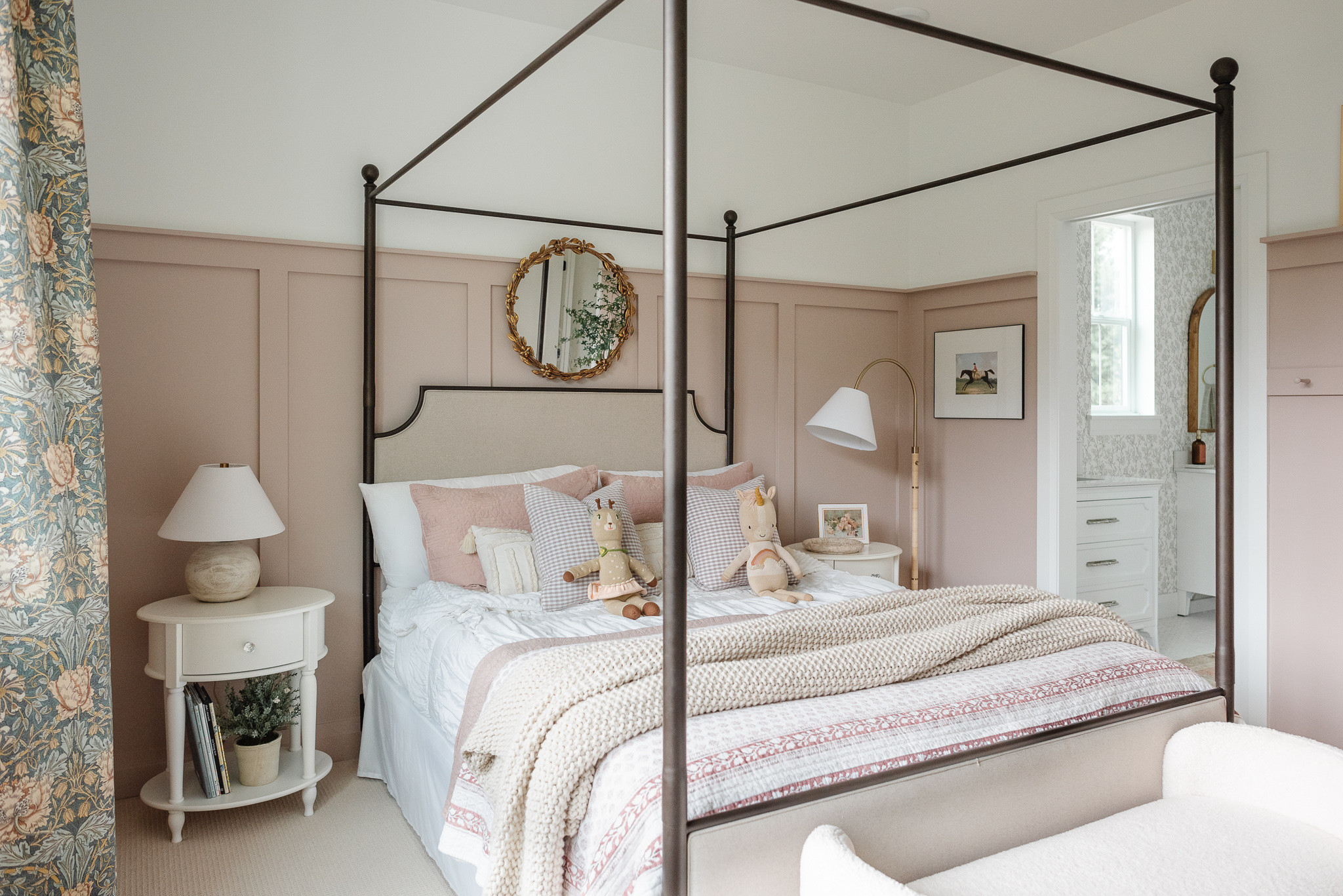Love how Kate’s room is coming together, can’t wait to finish the wallpaper! 🤍

Girls bedroom, kids bedroom, canopy bed, kids room ideas, feminine girls room, soft pink, layered bedding