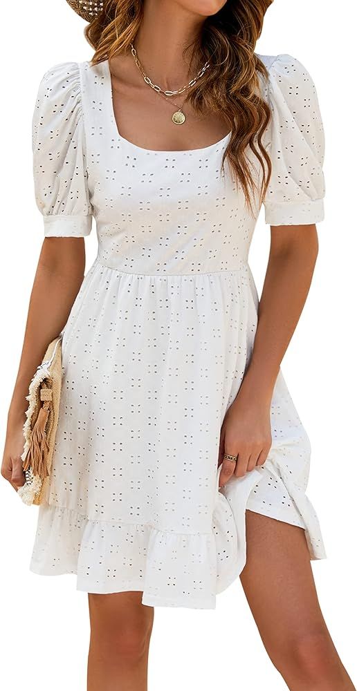 Blooming Jelly Womens White Dresses Short Sleeve V Neck Ruffle Cute Sun Dress Chiffon Flowy Shift... | Amazon (US)