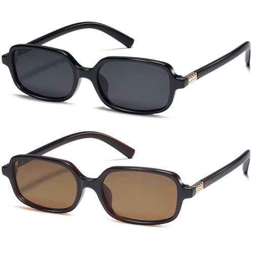 hnbliv Rectangle Small Sunglasses for Women Trendy Vintage Retro Sun Glasses with Thin Narrow Frame 2Pack 90s Y2K Fashion Essential | Amazon (US)