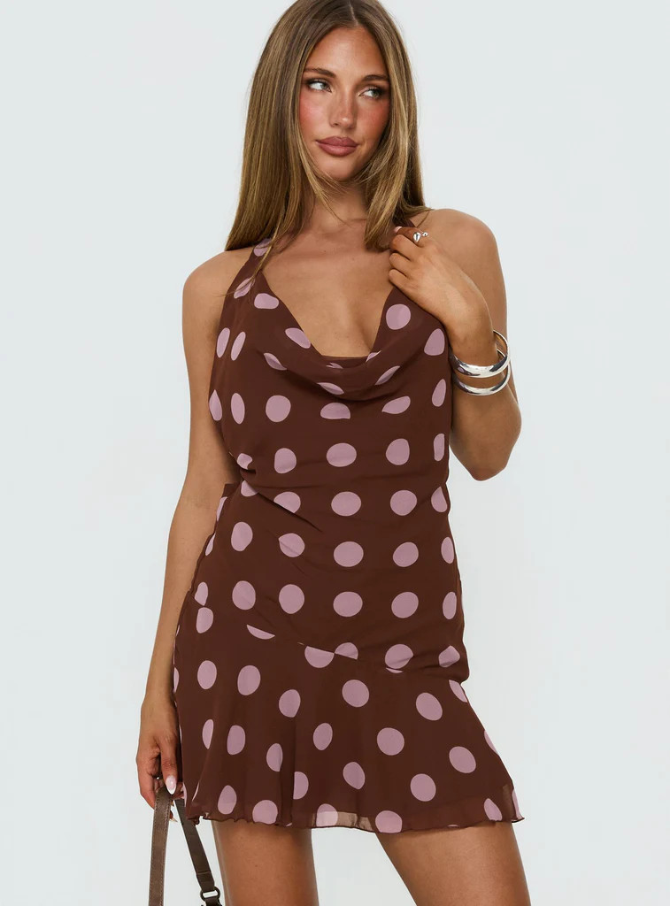 Karolie Halter Plunge Mini Dress Brown / Lilac Polka Dot | Princess Polly US