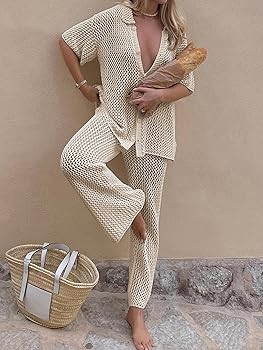 Famulily Womens Sexy Hollow Out Swimsuit Cover Up Sets Button Up Tops and Drawstring Pants 2 Piec... | Amazon (US)