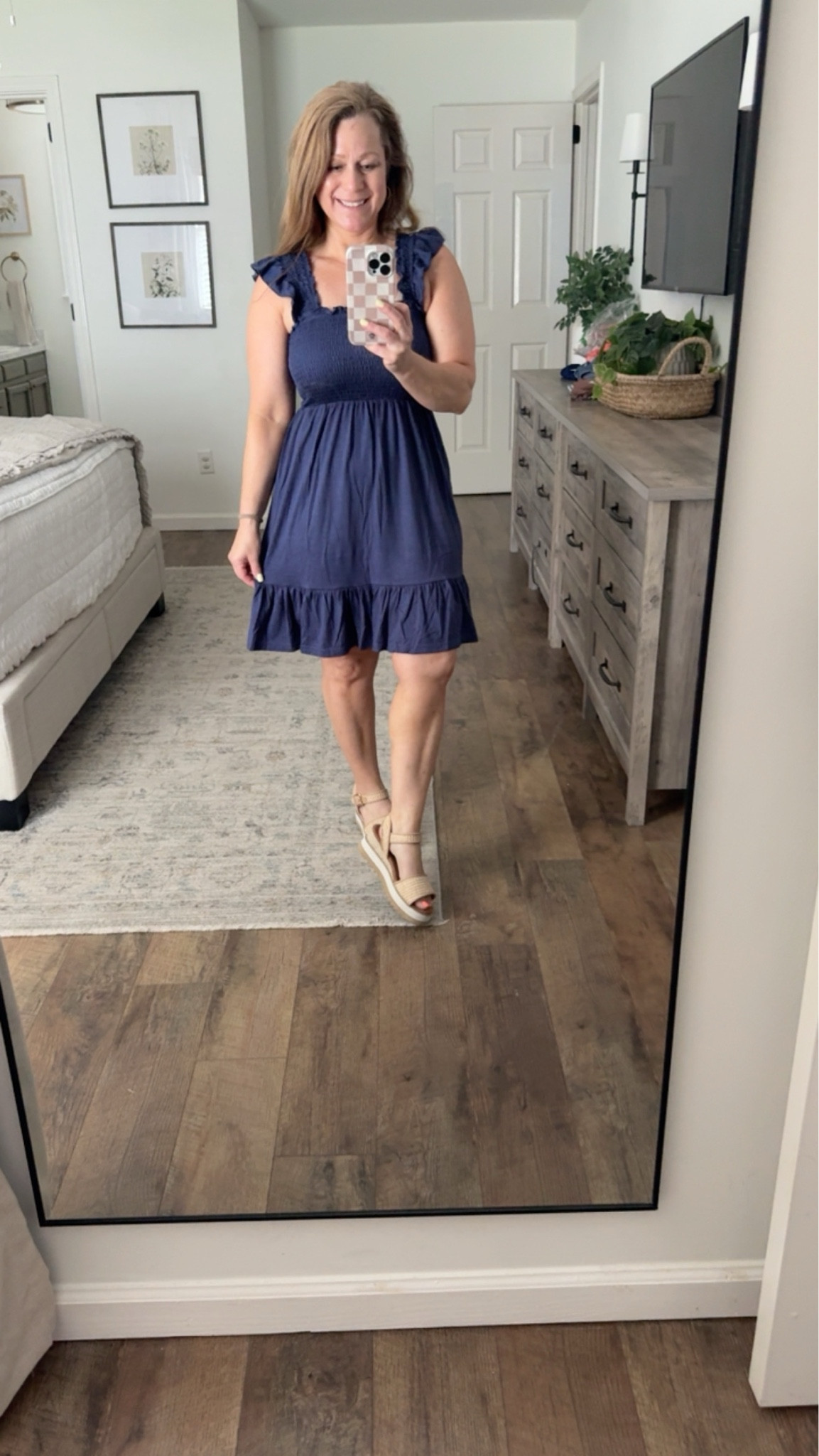 Summer sundress 
Ruffle hem
Ruffle detail on shoulder straps
Smocked bodice 
Multiple color choices 

I am in small, Navy Blue

#LTKootd #LTKPetite #LTKMidsize