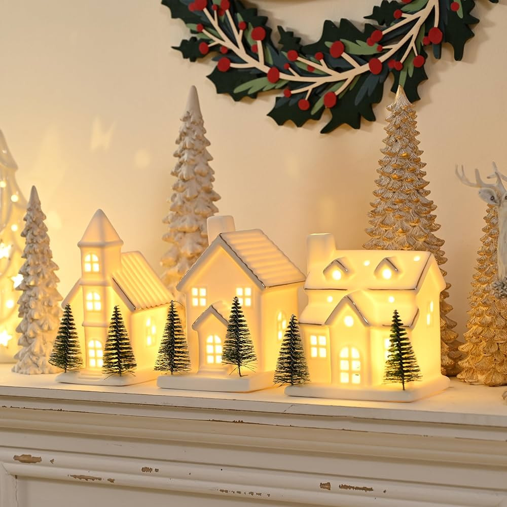 Ceramic White Christmas Village Houses, 3Pcs Light Up Small Porcelain Village House with 6Pcs Chr... | Amazon (US)