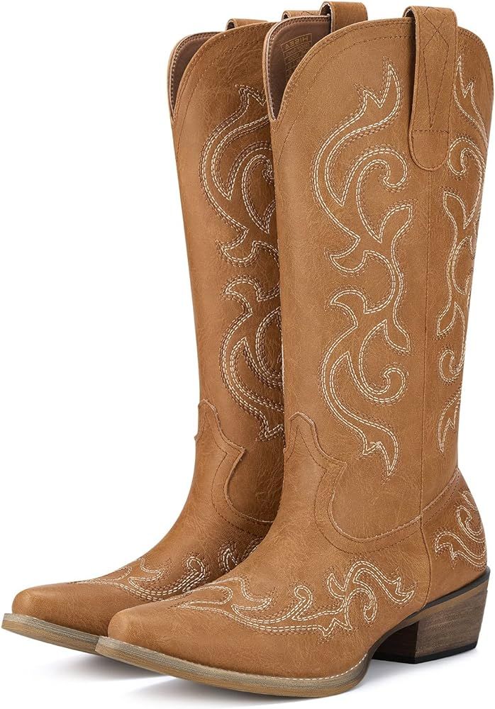 HISEA Rollda Cowboy Boots for Women Western Cowgirl Boots with Chunky Heel Ladies Snip Toe Mid-Calf  | Amazon (US)