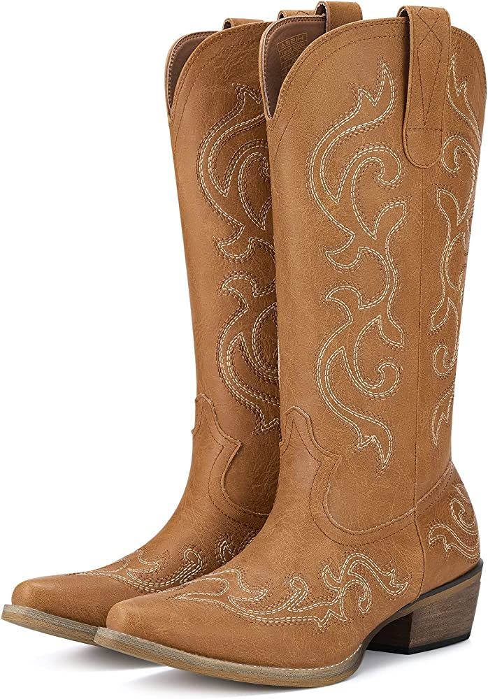 HISEA Rollda Cowboy Boots for Women Western Cowgirl Boots with Chunky Heel Ladies Snip Toe Mid-Calf  | Amazon (US)