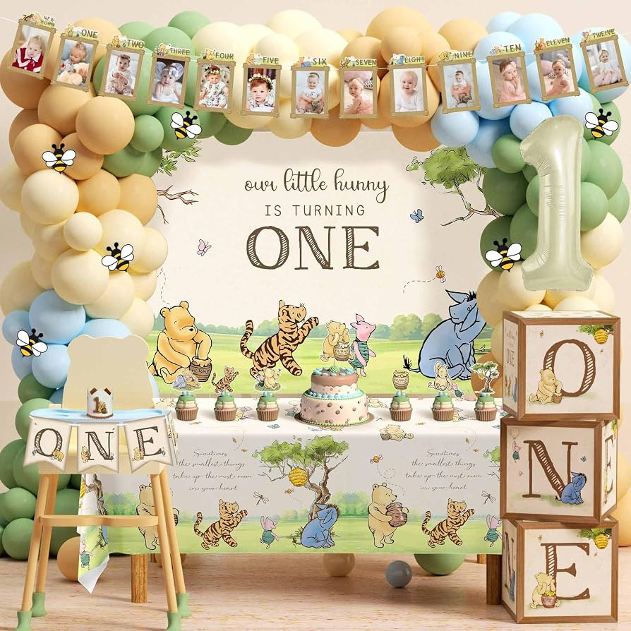 154pcs Winnie First Birthday Decorations Party Set, Classic Pooh Bear 1st Birthday Month Banner, ... | Amazon (US)