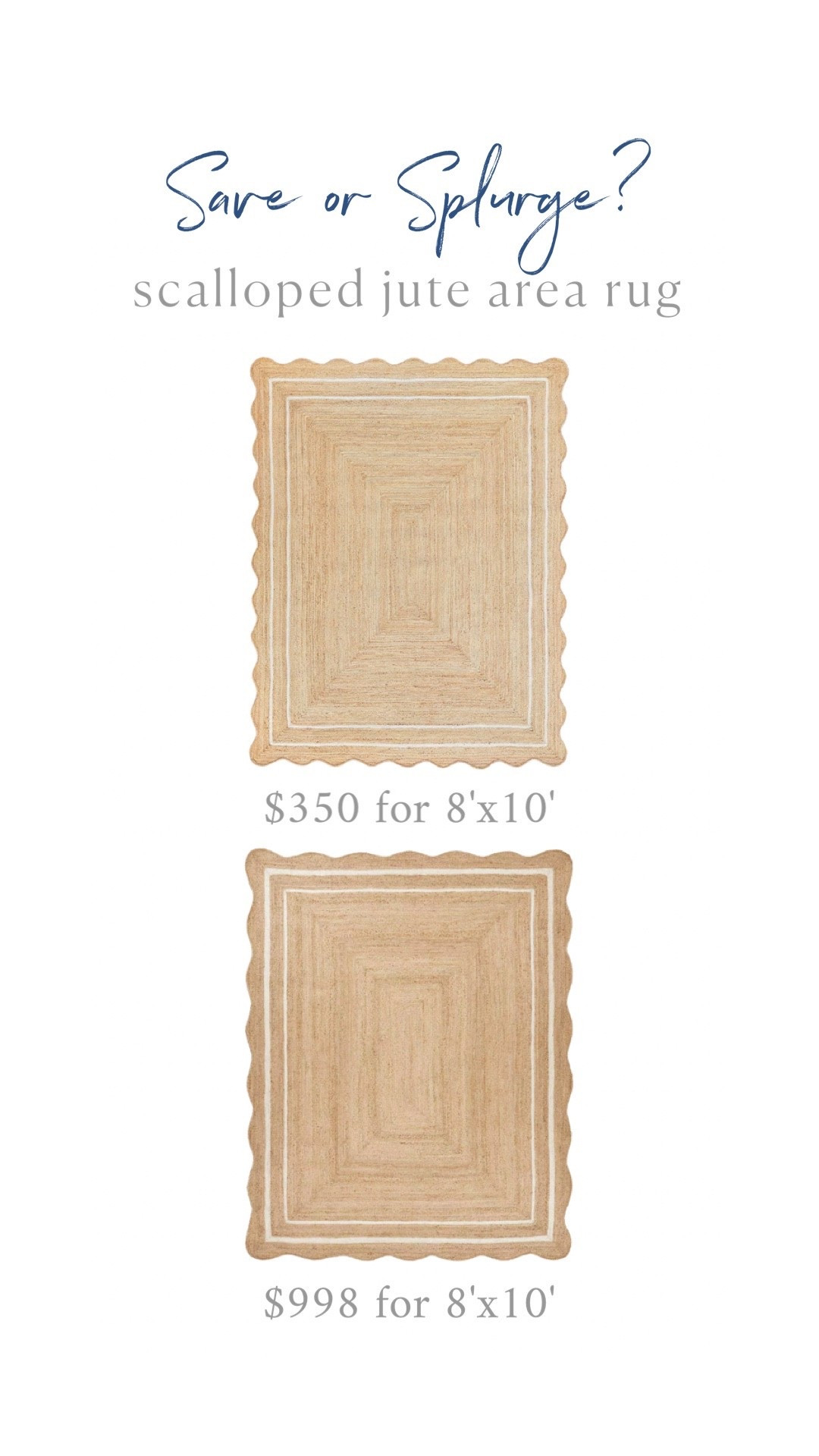 Save or Splurge?
Jute area rug with scalloped details 
The splurge option is currently 20% off!
#juterug #arearug #naturalrug 

#LTKHome #LTKSaleAlert