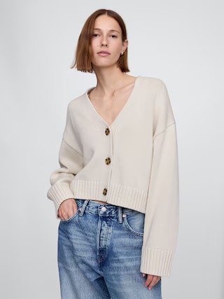 100% Cotton Cropped V-Neck Cardigan | Gap (US)