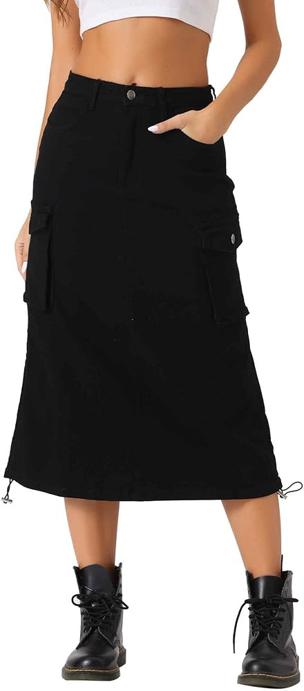 Allegra K Cargo Skirt for Women Y2K Adjustable Back Slit High Waist Casual A-Line Midi Jean Skirt | Amazon (US)