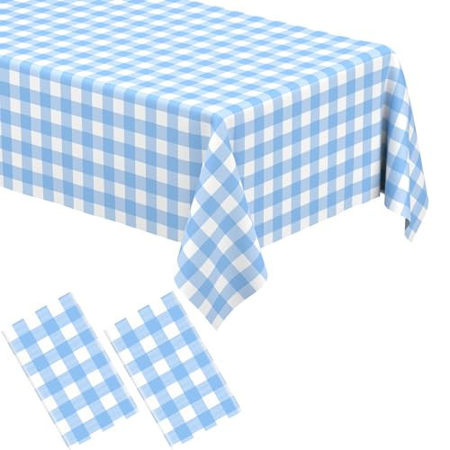 2 Pack Light Blue Gingham Tablecloth Rectangular Pale Blue and White Checkered Tablecloths Disposable Plastic Plaid Table Cover for Parties, Outdoor Picnic, Birthday, Wedding, Camping 54 × 108 Inch | Amazon (US)