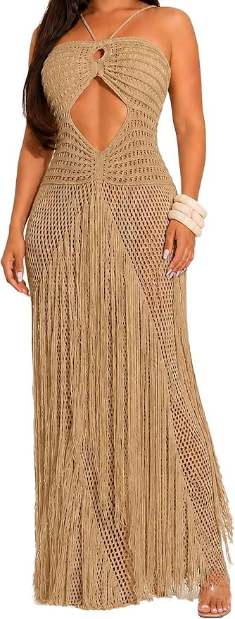 Womens Crochet Swimsuit Cover Up Maxi Dress Cutout Lace Up Back Fringe Beach Coverup Vacation Res... | Amazon (US)