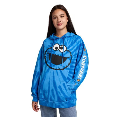 Sesame Street Cookie Monster Cookies Women's Blue Tie-Dye Long Sleeve Fleece Hooded Sweatshirt-Medium | Target