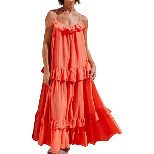 Summer Maxi Dress for Women Sleeveless Spaghetti Strap Ruffle Tiered Maxi Sundress Loose Backless Long Beach Dress (Orange, L) | Amazon (US)