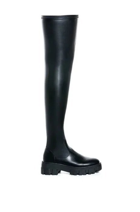 **SLIM FIT** AZALEA WANG LATE NIGHTS FITTED OVER THE KNEE FLATFORM BOOT WITH 4 WAY STRETCH IN BLA... | AKIRA
