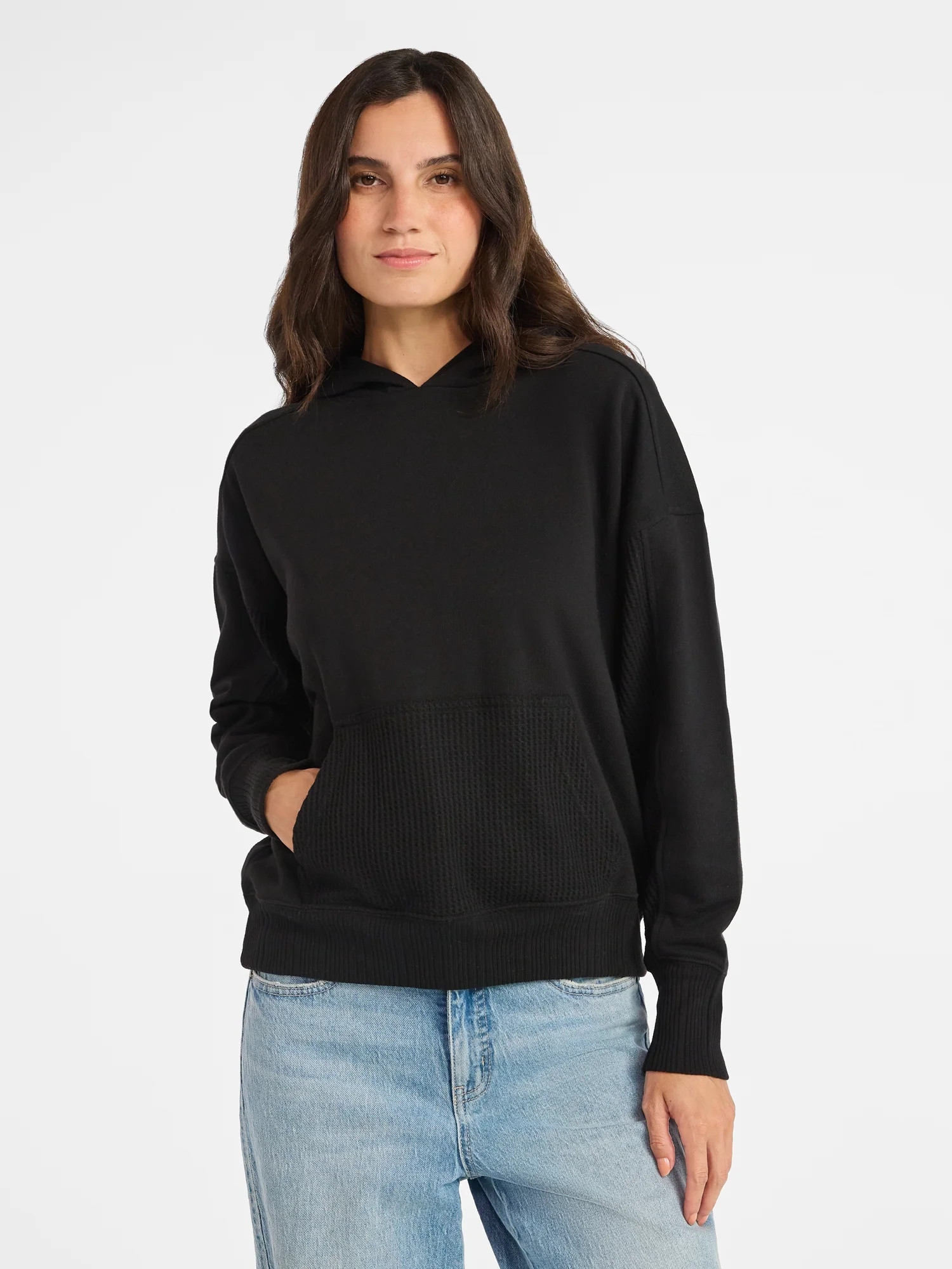 Time and Tru Waffle Pocket Mixed Media Hoodie, Size XS-XXXL | Walmart (US)