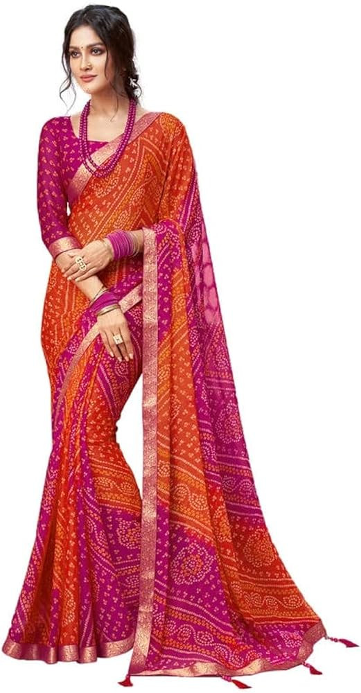 Women's Bandhani Printed Chiffon Saree With Blouse(2612S2080_) 5.5 Meters Orange & Red | Amazon (US)