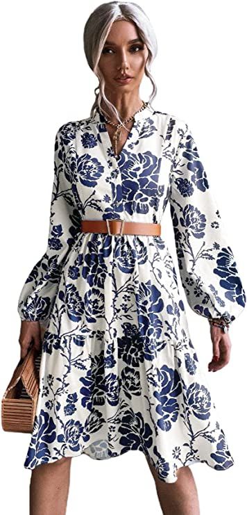 Floerns Women's Floral Print V Neck Ruffle Hem Lantern Long Sleeve Midi Dress | Amazon (US)